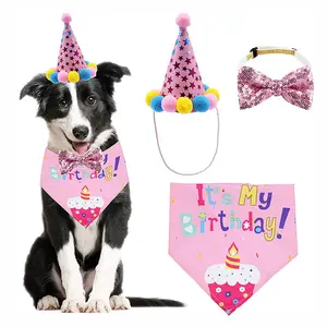Dog Birthday Party Nguồn Cung Cấp Mèo Đảng Hat Tam Giác Bandanas Trang Trí Pet Phụ Kiện Tam Giác Băng In Sinh Nhật Set