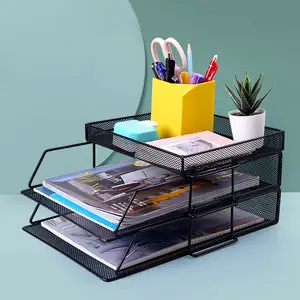 Office desk organizador documento arquivo bandeja prateleira do livro metal wire mesh armazenamento titular ferro net file rack vertical 4-layerWL-09