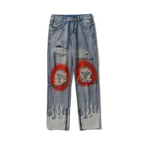 Hip Hop Pop Print Flame Pantalones de pierna recta Jeans personalizados Tapered Mens Designer Jeans