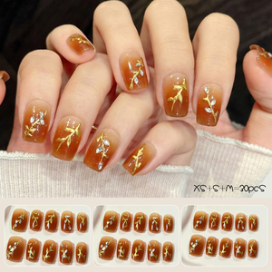 10 <span class=keywords><strong>faux</strong></span> <span class=keywords><strong>ongles</strong></span> carrés courts marron ambre ombré à presser, avec feuille <span class=keywords><strong>d</strong></span>'<span class=keywords><strong>or</strong></span> et strass étincelants, réutilisables - Product Image 1