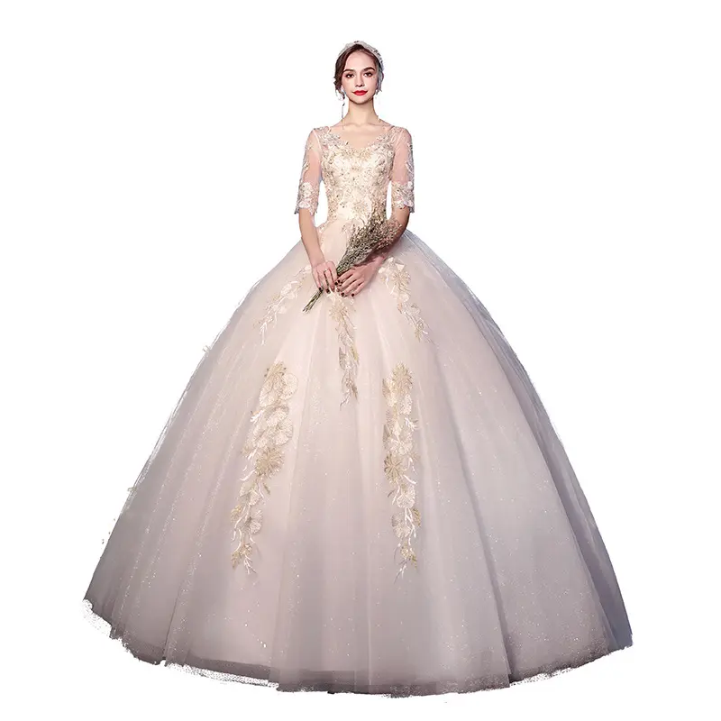 F70 производство OEM Простые Свадебные платья 2023 невесты с коротким рукавом Круглый вырез кружева полная длина свадебные платья