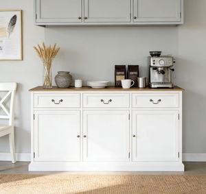 Mobile Moderno in Legno Massello per Soggiorno con 3 Cassetti e Ampio Spazio di Archiviazione, Top in Quercia, Ante Multifunzionali, Credenza - Product Image 3