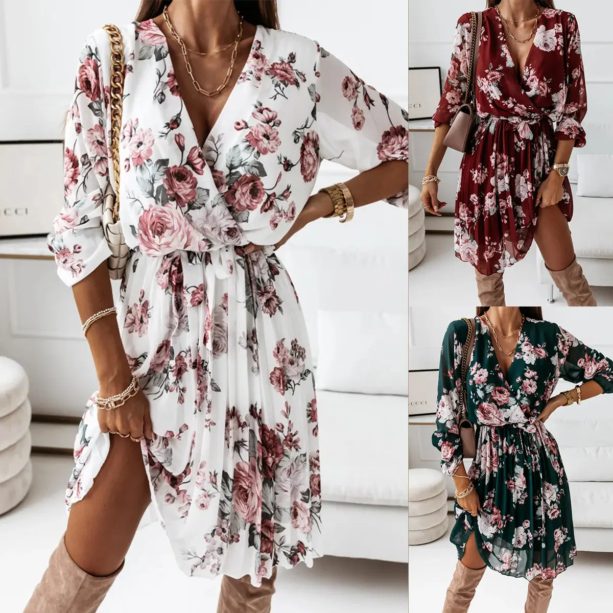 Pleated Summer Floral Short Dress 2022 Chiffon Dresses For Ladies