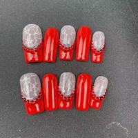 Vente en gros d'usine, faux ongles faits à la main de haute qualité, style cercueil rouge, brillants, style français, réutilisables