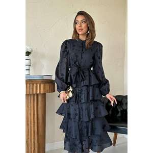 Robe de mariée élégante en mousseline noire superposée avec broderie, col montant, style vintage, coupe trapèze, respirante pour femme - Product Image 3