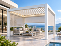 Pergola à lames orientables en aluminium blanc pour extérieur, avec écrans latéraux motorisés coupe-vent pour patio fermé
