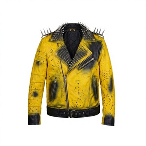 Men's Dyed Distressed Yellow Leather <b>Western</b> Biker <b>Jacket</b>-Hand-Painted Spiked Vintage with Turn-down Collar Breathable Winter - Product Image 1