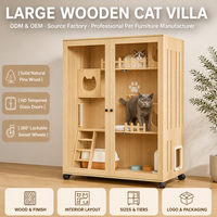 Grande villa en bois pour chat, enclos intérieur avec portes transparentes, échelle, griffoir et roulettes