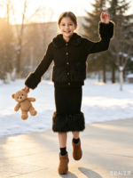Luxuriöses Lammwoll-Kinderoutfit Flauschiger Pelzkragen Mädchen Langarm-Strickjacke + Knielanges Trägerkleid Herbst Winter Mädchen Bekleidungsset