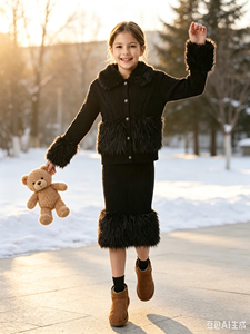 Completo di Lusso in Lana d'Agnello per Bambine: Cardigan a Maniche Lunghe con Collo in Pelliccia Sintetica + Abito a Tubino al Ginocchio, Set Abbigliamento Autunno Inverno - Product Image 5