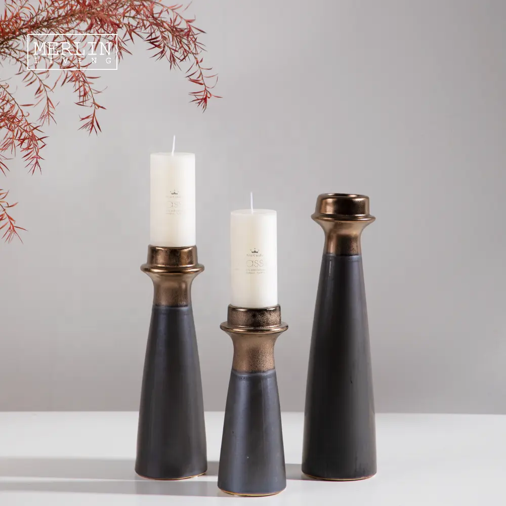 Merlin Living matte candlestick metal pillar lighthouse shape black candle jars art ornament luxury home decor with ceramic jar