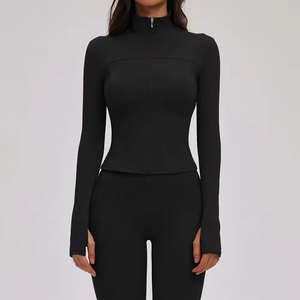 Custom Sustainable Recyclable Spandex Slim Fit Running <b>Yoga</b> Zip <b>Jackets</b> High Elastic Mock Neck Gym Fitness <b>Jacket</b> with Thumbhole - Product Image 5