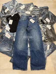 Jeans da donna a vita alta, vestibilità ampia, estivi, in denim lavorato a maglia, casual, stile cargo, <span class=keywords><strong>boyfriend</strong></span>, con strass, antipiega - Product Image 4