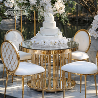 Table de banquet de luxe en verre rond doré et acier inoxydable durable pour extérieur, hôtel, salle à manger, table à gâteau de mariage, mobilier d'hôtel