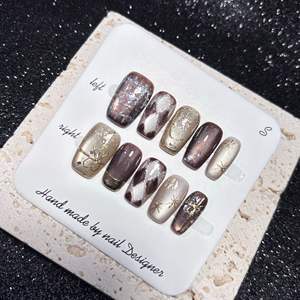 <span class=keywords><strong>Faux</strong></span> ongles de luxe faits à la main, réutilisables, effet œil de chat, motif Argyle marron, chrome doré 3D, à coller, pour la vente en gros - Product Image 3