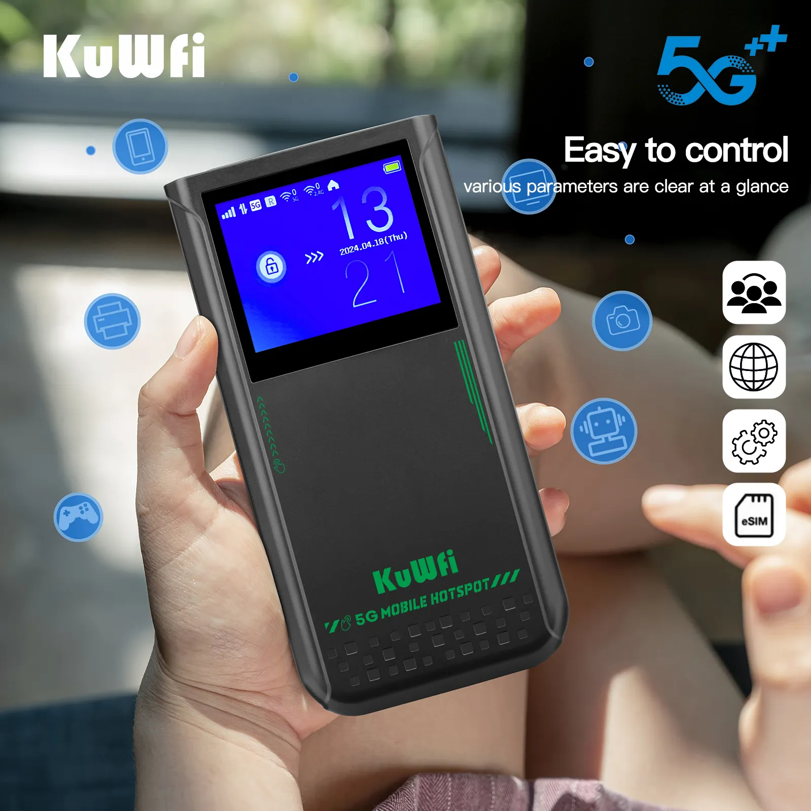 KuWFi eSim 5G Enrutador inalámbrico con pantalla táctil con batería de 4500mAh 5G CPE 128 Usuarios Ranura para tarjeta SIM móvil Tecnología 5G
