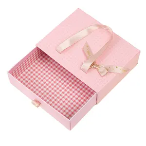 定制烫印豪华礼品头发延伸珠宝纸箱包装粉色丝带抽屉盒带手柄