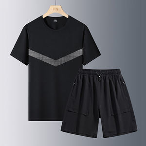 Ensemble T-shirt et short de sport pour homme, personnalisable avec logo, à manches courtes, fin, extensible, effet rafraîchissant, séchage rapide, idéal pour l'été et le fitness - Product Image 4