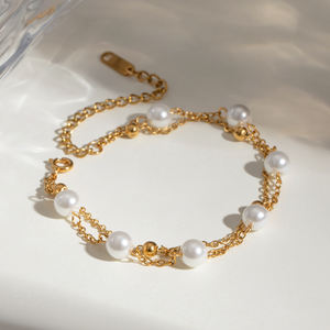 J & D สร้อยข้อมือลูกปัดสแตนเลสสองชั้นสีทอง18K ปรับได้16 + 5ซม. - Product Image 2