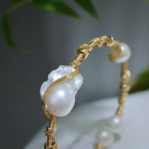 Handmade Wire Wrapped Baroque Pearl Bangle, USA Imported 14K <b>Gold</b> Filled Fittings, Natural Freshwater Baroque Pearl <b>Bracelet</b> - Product Image 3