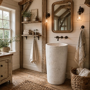 Lavabo de Baño Independiente de Travertino, Lavabo de Piedra Blanca, Diseño Rústico, Acabado Pulido, Montaje de Grifo de un Solo Orificio - Product Image 1