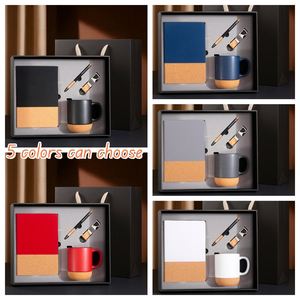 Corporate Gift Set Travel Ceramic <b>Mugs</b> Cork Wooden Base Porcelain Cup Lids Handle Handgrip Pattern Promotional Business Gift Set - Product Image 3