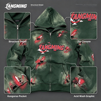 Sweat à capuche zippé personnalisé OEM, délavé à l'acide, épais, avec motif graphique effet peinture pulvérisée, style grunge streetwear