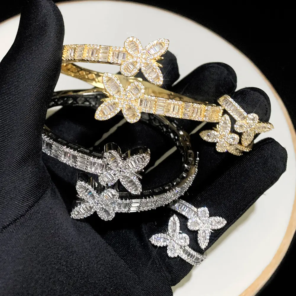 Fine Jewelry Set Icy Diamond Butterfly bracciale Ring Iced Out Bling Bangle CZ Baguette Butterfly Ring bracciale Set per le donne