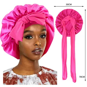 Accessoires de Cheveux en Gros Personnalisés Logo Chaud Grand <span class=keywords><strong>Bonnet</strong></span> de Nuit Coiffant en Satin Uni avec Ruban <span class=keywords><strong>Bonnet</strong></span> de Créateur <span class=keywords><strong>pour</strong></span> Femmes - Product Image 1