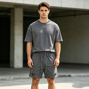 เสื้อยืดเซ็ตผู้ชายมาใหม่, ชุดสองชิ้นแขนสั้นผ้าเทอร์รี่คอตตอน 480gsm สำหรับผู้ชาย, ผ้าฝ้าย 100%, ชุดลำลองฤดูร้อน - Product Image 3