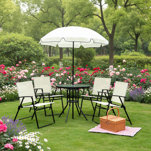 Ensemble de table et chaises pliantes en acier au design moderne, avec parasol, 6 pièces, pour l'extérieur, pour hôtels, villas, parcs - Product Image 1