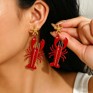 Lobster Shape Drop <b>Earrings</b> Red Crystal Geometric Animal Design Party Fashion Jewelry Stainless Steel Ear <b>Post</b> - Product Image 2