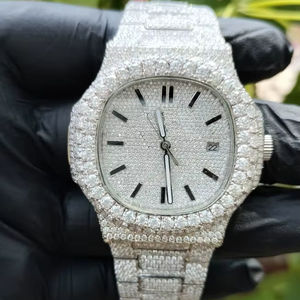 Hip Hop Stylish Men's Wrist Watch Moissanite Diamond VVS Clarity Quartz Movement Leather Band Crafted Jewelry - Product Image 1