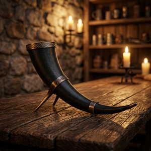 Mug à bière/vin Viking en corne de bœuf polie avec bord doré, compatible lave-vaisselle, écologique, léger, portable, style américain, couvercle en bambou - Product Image 1