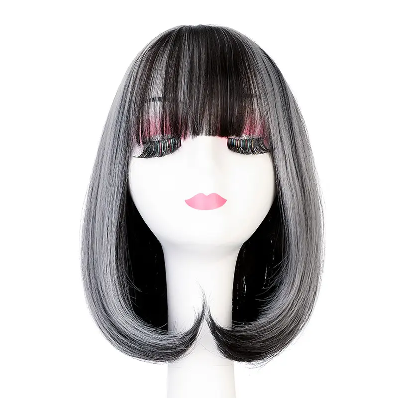 Japanese fashion outdoor cosplay high temperature fiber highlight white and black synthetic artificial hair women bob short wig