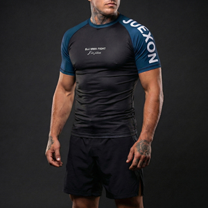 Camiseta Profesional de Manga Corta para <span class=keywords><strong>Jiu</strong></span> <span class=keywords><strong>Jitsu</strong></span> Brasileño, Diseño Elegante en Dos Tonos, Elástica, Transpirable, con Logotipo Frontal, para Entrenamiento de MMA - Product Image 1