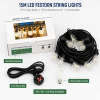 Guirlande lumineuse LED de 15 m, ampoules à filament S14, IP54, dimmable, blanc chaud, lumières suspendues pour jardin