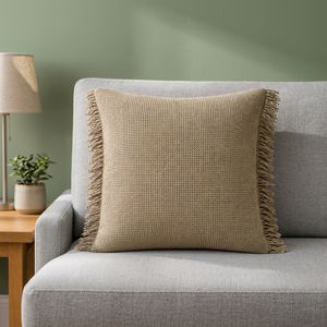Housse de coussin en lin de qualité supérieure avec bordure à franges |   Coussin carré tissé texturé beige naturel pour canapé et décoration intérieure - Product Image 4