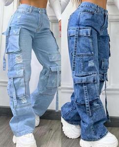 Pantalon pour femme I-0587, style vintage, jambe large, jean maman, taille haute, décontracté, streetwear, avec grande poche, pantalon cargo, style boyfriend, denim - Product Image 2