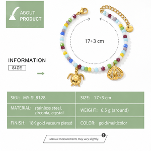Bracelet en acier inoxydable multicolore avec breloques tortue et coquillage, plaqué or 18 carats sous vide - Product Image 3