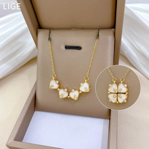 Collier pendentif trèfle à quatre feuilles pour femme, chaîne de clavicule en acier titane avec breloque cœur d'amour et fleur en diamant - Product Image 4