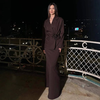 Costume de ville deux pièces noir uni haut de gamme, veste à manches longues en satin à lacets, jupe longue, élégant, décontracté, à porter au quotidien