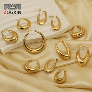ZOGXIN Gold Plated Hoop Earrings Geometric U Shape Stainless Steel Women's Fashion Jewelry 18K Electroplated Earrings - Product Image 1