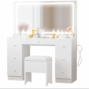 Coiffeuse de style récent avec miroir et éclairage LED lumineux avec 7 tiroirs et étagères Prise électrique pour chambre à coucher Blanc - Product Image 2