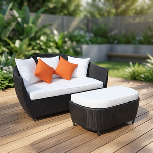 Chaise longue d'extérieur moderne en rotin PE avec coussins, dossier solide, design contemporain pour l'ameublement de patio - Product Image 3