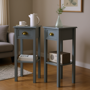 2 Tier Gray <b>Side</b> Table Set Of 2 With Drawer And Shelf For Living Room Or Hallway - Product Image 2