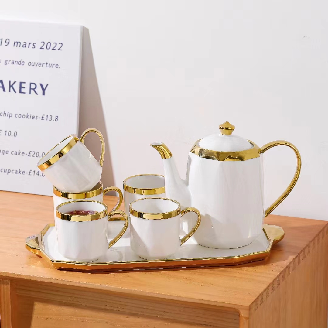 Luxury 6 Piece Ceramic Tea Cup Set with Teapot & Tray, Gold Trim