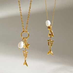 Stainless Steel Pearl Necklace Skeleton Design Gold Tone Clavicle Chain Everyday Wear Jewelry for Women - Product Image 2