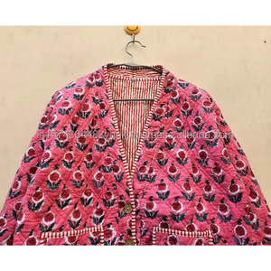 Veste matelassée réversible en coton écologique à imprimé floral pour femme, col en V, manches longues, ouverte sur le devant - Product Image 2