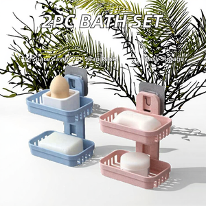 Conjunto de 2 Peças de Prateleira de Armazenamento Plástica Ecológica e Suporte para Sabonete com Design Redondo Moderno para Uso em Banheiro - Product Image 2